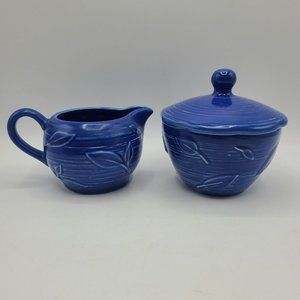 Pfaltzgraff Wyngate Blue Dragonfly Sugar and Creamer Stoneware USA Cobalt Color